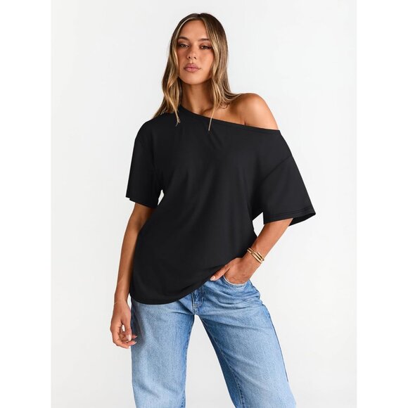 Women's Off Shoulder Crop Top Oversized Short Sleeve Casual Summer Fashion - Picture 2 of 5